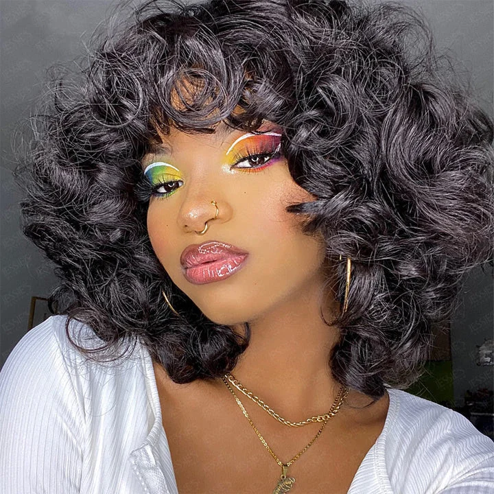 Bob Wigs for Beach Vacations Double Drawn Rose Curly Wig With Bangs Fluffy Bouncy Curly Bob Wig Bob Wigs for Beach Vacations Double Drawn Rose Curly Wig With Bangs Fluffy Bouncy Curly Bob Wig