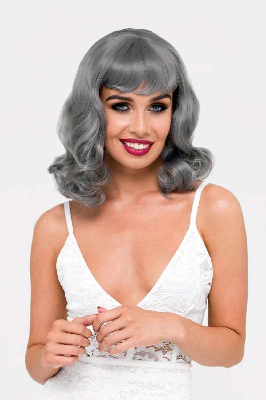 Silver-grey pinup style wig with long waves and short fringe, 1950s style: Dotty