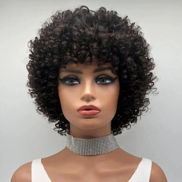 Bob Wigs for Travel (Compact and Easy to Pack) Aligrace Machine Made Curly BoB Wigs With Bangs Dark Brown Color Bob Wigs for Travel (Compact and Easy to Pack) Aligrace Machine Made Curly BoB Wigs With Bangs Dark Brown Color