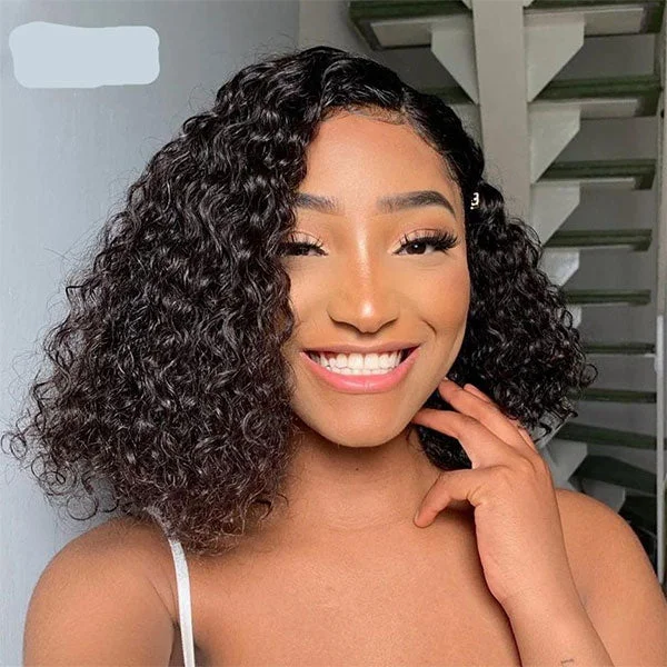Bob Wigs with Bangs for Square Faces Bohemian Curly Wear And Go Water Wave HD Transparent Lace Closure Bob Wig With Pre-cut lace & Bleached Knots Bob Wigs with Bangs for Square Faces Bohemian Curly Wear And Go Water Wave HD Transparent Lace Closure Bob Wig With Pre-cut lace & Bleached Knots