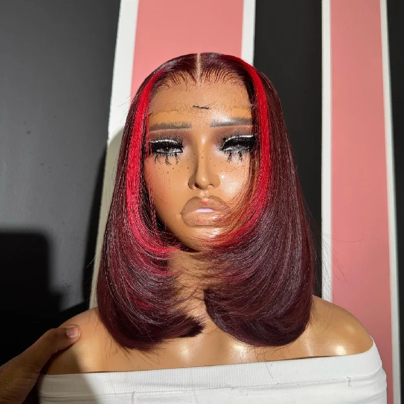 Bob Wigs with Side - Parted Styles Reese | Red Highlight 99J Layered Bob Human Hair Bob Lace Front Wig Bob Wigs with Side - Parted Styles Reese | Red Highlight 99J Layered Bob Human Hair Bob Lace Front Wig