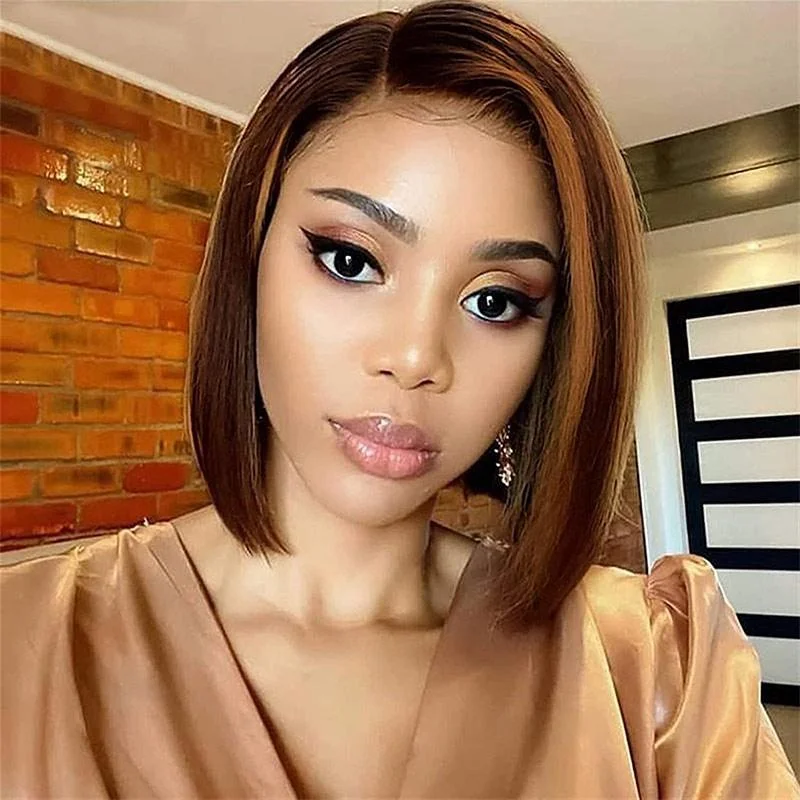 Bob Wigs for Social Media - Worthy Outfits Modern Show 4x4 Lace Closure Wig Straight Bob Brown With Strawberry Blonde Highlights Piano Color Human Hair Bob Wigs for Social Media - Worthy Outfits Modern Show 4x4 Lace Closure Wig Straight Bob Brown With Strawberry Blonde Highlights Piano Color Human Hair