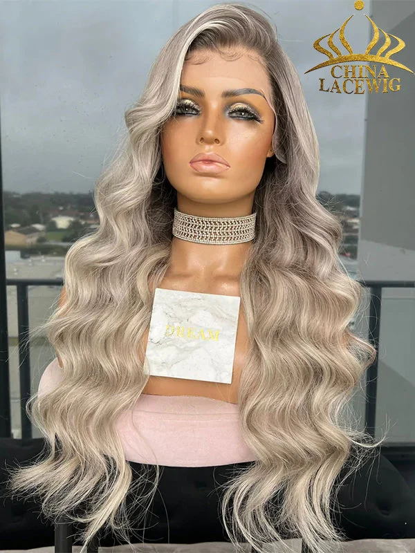 Bob Wigs for Water Sports​ Chinalacewig Custom Wig Lace Frontal Dark Ash Root With Lowlight Bleached Knots Human Virgin Hair C04