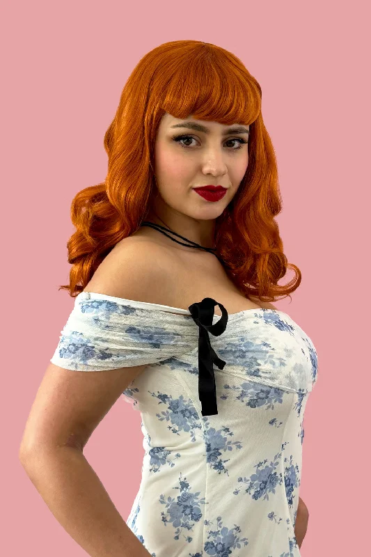 Ginger pinup style wig, finger waved with short fringe, 1950s style: Sienna