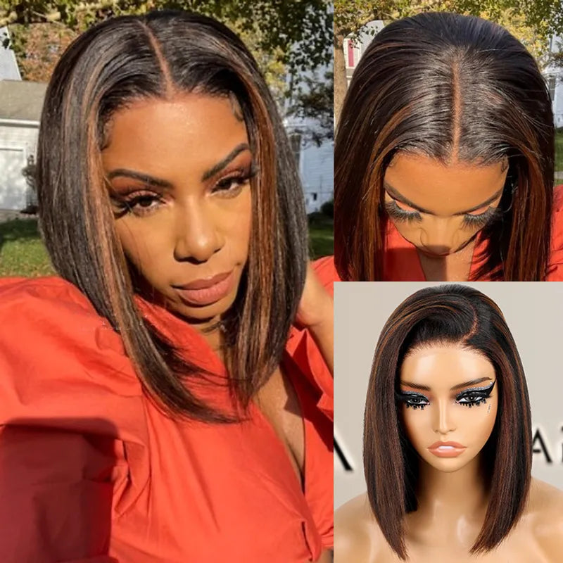 Bob Wigs for Formal Occasions Highlight Yaki Straight Bob 13x4 Lace Frontal Pre Everthing 6x4.5 / 4x4 Lace Clsoure Human Hair Wig Bob Wigs for Formal Occasions Highlight Yaki Straight Bob 13x4 Lace Frontal Pre Everthing 6x4.5 / 4x4 Lace Clsoure Human Hair Wig