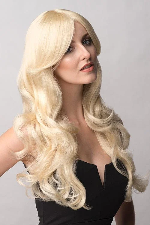 Blonde wig with big loose curls and sweeping fringe, extra long: Carly