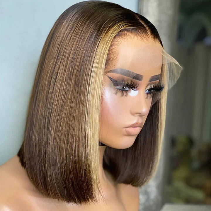 Bob Wigs for YouTube Content Creators Chocolate Brown Short Straight Bob 13x5 Lace Front Wig With Blonde Skunk Stripe Highlights 7x5 Glueless Wig Bob Wigs for YouTube Content Creators Chocolate Brown Short Straight Bob 13x5 Lace Front Wig With Blonde Skunk Stripe Highlights 7x5 Glueless Wig