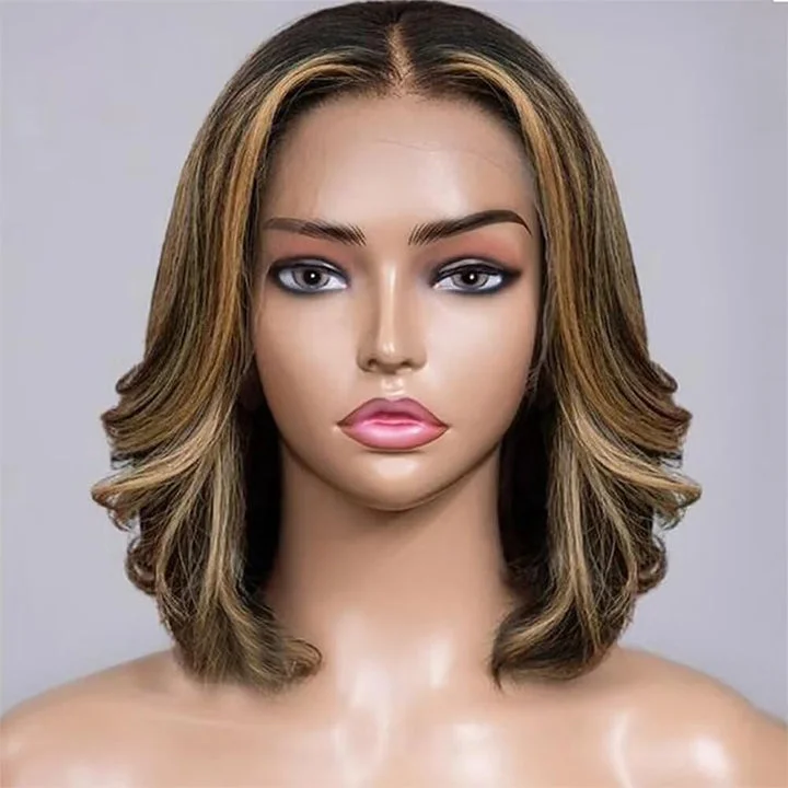 Bob Wigs for Plus - Size Women (Super Deal) Highlight Honey Wavy Bob Layered Gluless Lace Front Wig Human Hair Bob Wigs for Plus - Size Women (Super Deal) Highlight Honey Wavy Bob Layered Gluless Lace Front Wig Human Hair
