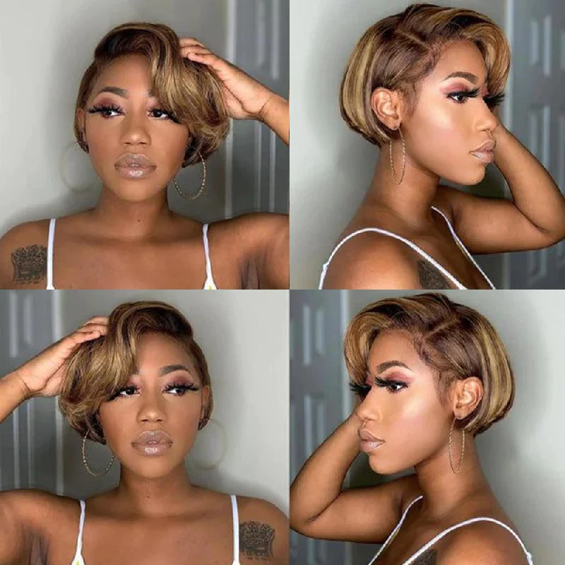 Bob Wigs without Bangs for Heart - Shaped Faces Lewis | Highlight Blonde Pixie Cut Preplucked Virgin Human Hair Wig Bob Wigs without Bangs for Heart - Shaped Faces Lewis | Highlight Blonde Pixie Cut Preplucked Virgin Human Hair Wig