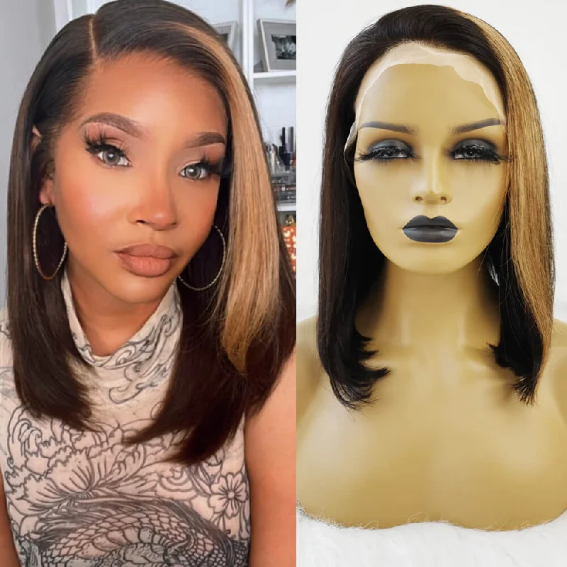 Bob Wigs in Black Colors Honey Blonde Money Piece Highlight Skunk Stripe Black Bob Wig Bob Wigs in Black Colors Honey Blonde Money Piece Highlight Skunk Stripe Black Bob Wig