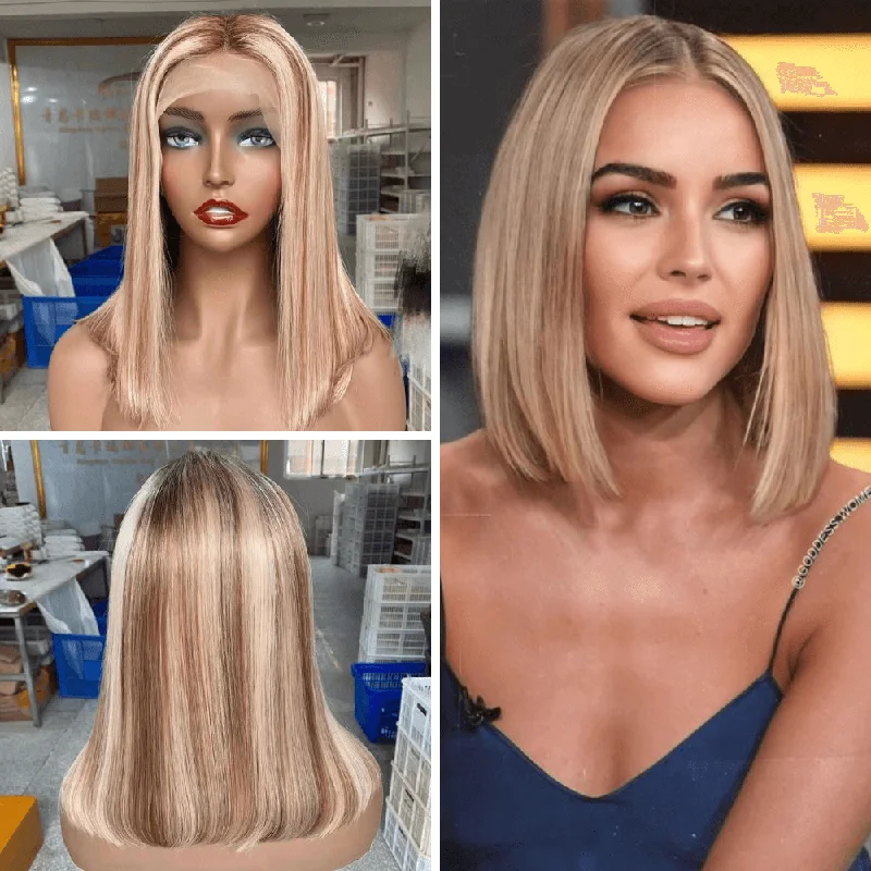 Bob Wigs for Winter Events Blonde Bob Wig with Brown Highlight Human Hair Lace Frontal for African American Bob Wigs for Winter Events Blonde Bob Wig with Brown Highlight Human Hair Lace Frontal for African American