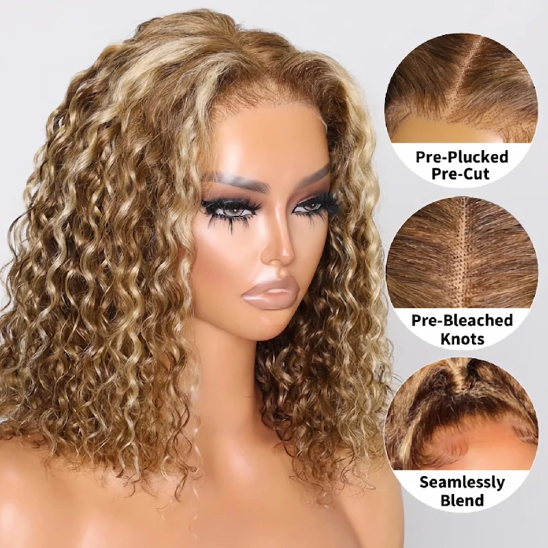Bob Wigs without Bangs for Heart - Shaped Faces​ $200 OFF| Super Sale Honey Blonde Highlight Water Wave Bob Wig 7x5 Bye Bye Knots Put On and Go Wigs Flash Sale