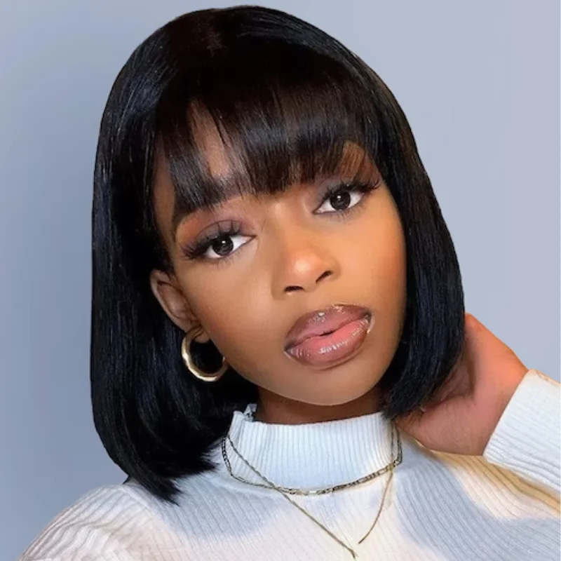 Bob Wigs for Winter Events 6000 Points | Klaiyi Bob Wig With Bangs Wig Glueless Machine Made Beginner Friendly Human Hair Wig Bob Wigs for Winter Events 6000 Points | Klaiyi Bob Wig With Bangs Wig Glueless Machine Made Beginner Friendly Human Hair Wig