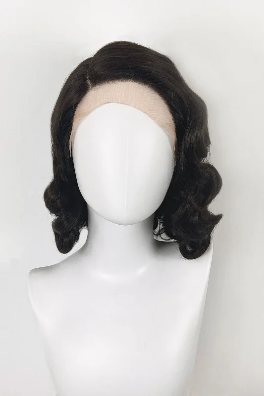 Brown lacefront wig, pinup/vintage style, mid length with finger waves: Hattie