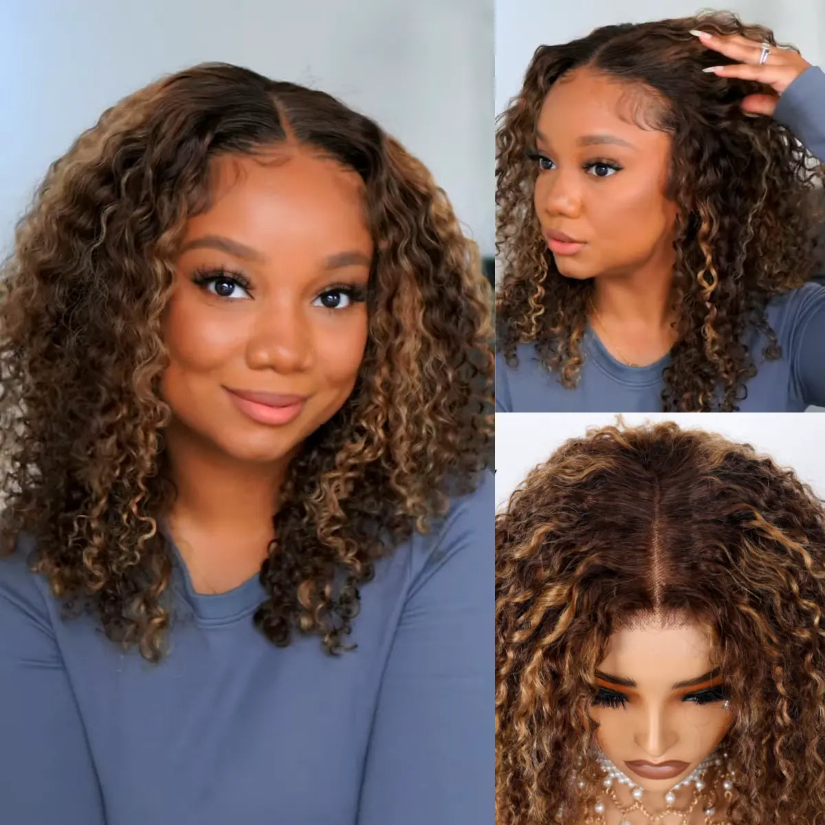 Bob Wigs for Cancer Patients (Chemotherapy Wigs) Highlight Color Pixie Curly Bob Ombre Honey Brown 5x5 Lace Closure Trendy Bouncy Curly Human Hair Wig Bob Wigs for Cancer Patients (Chemotherapy Wigs) Highlight Color Pixie Curly Bob Ombre Honey Brown 5x5 Lace Closure Trendy Bouncy Curly Human Hair Wig