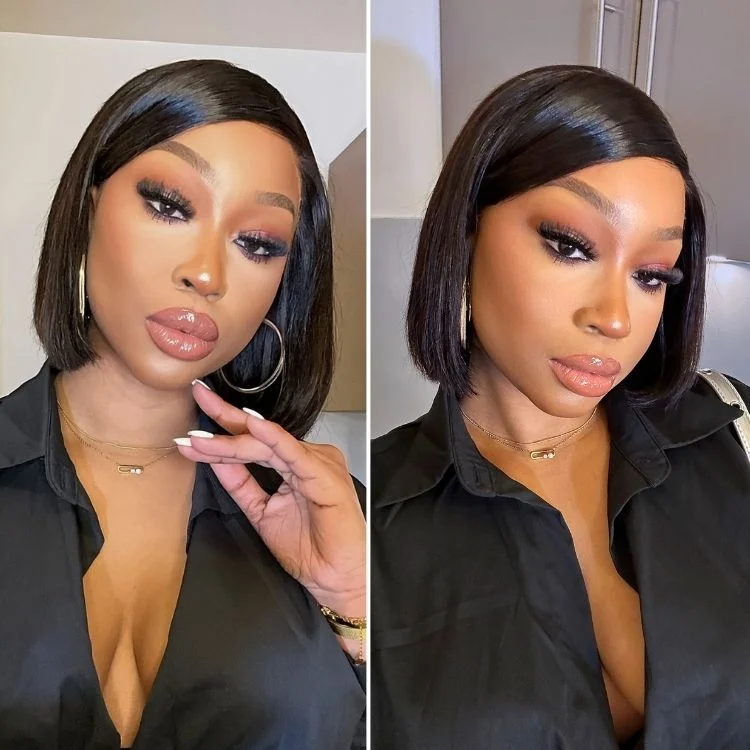 Bob Wigs with Heat - Resistant Fibers (for Styling) Swoop Bangs Breathable Cap Deep Left C Part Silky Straight Glueless 5x5 Closure Lace Wig Bob Wigs with Heat - Resistant Fibers (for Styling) Swoop Bangs Breathable Cap Deep Left C Part Silky Straight Glueless 5x5 Closure Lace Wig