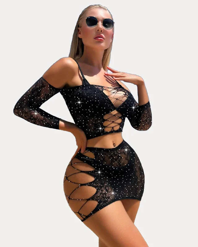 Mesh Chemise Rhinestone Fishnet Lingerie Sets