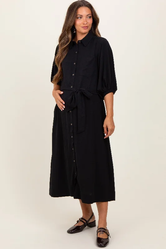 Black Sash Tie Maternity Midi Shirt Dress