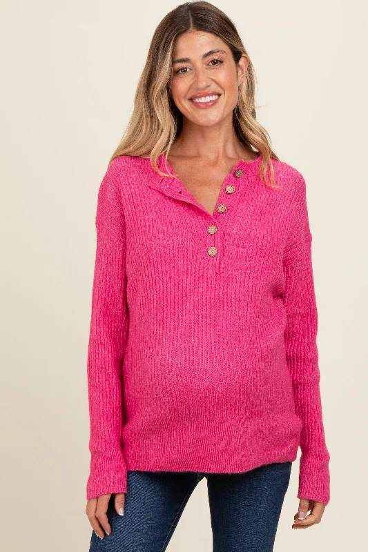 Fuchsia Buttoned Up Sweater Knit Maternity Top