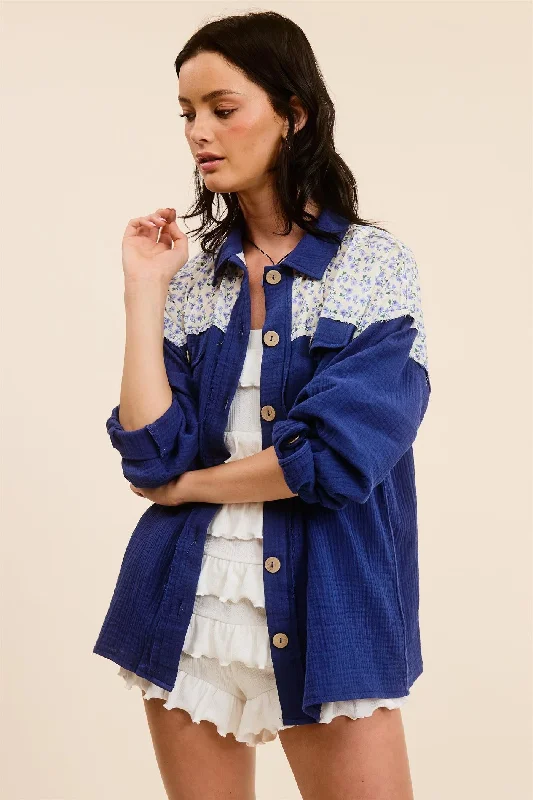 Navy Blue Colorblock Floral Button Down