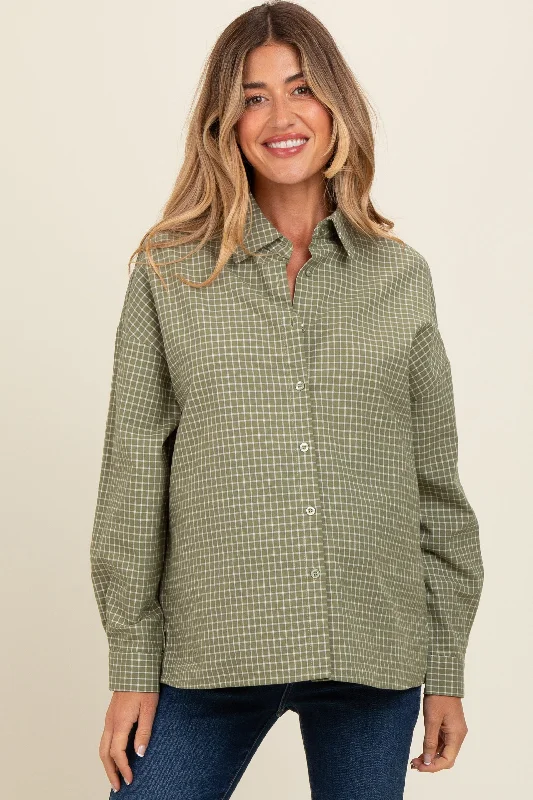 Olive Checker Plaid Button Down Maternity Shirt