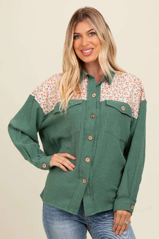 Olive Colorblock Floral Button Down