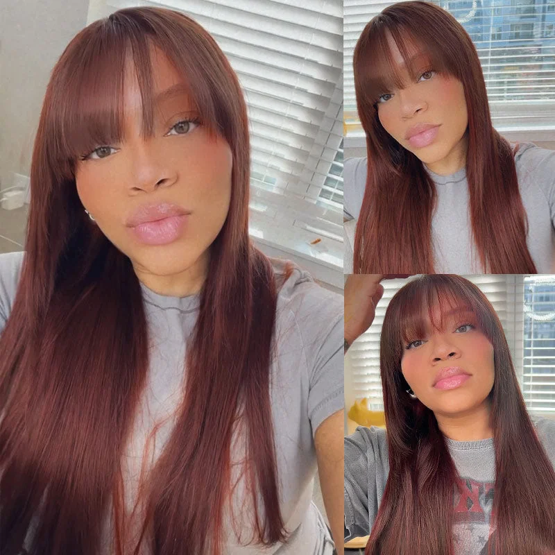 Human - hair colored wig for a natural and luxurious feel13x4/13x6 HD Lace Front Human Hair Wig #33 Reddish Brown Straight and Body Wave Wig With Bangs Human - hair colored wig for a natural and luxurious feel13x4/13x6 HD Lace Front Human Hair Wig #33 Reddish Brown Straight and Body Wave Wig With Bangs