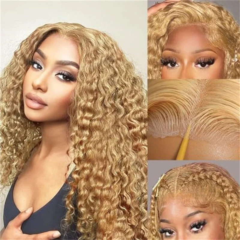Colored wig with a wavy texture for a beachy and fun lookHoney Blonde Curly Hair 13x4 Transparent Lace Front Human Hair Wig With Pre Plucked Colored wig with a wavy texture for a beachy and fun lookHoney Blonde Curly Hair 13x4 Transparent Lace Front Human Hair Wig With Pre Plucked