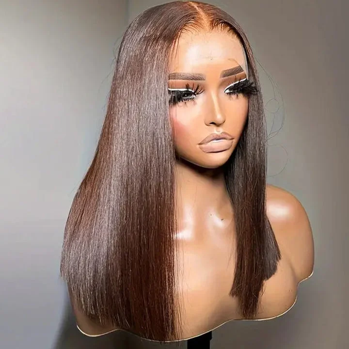 Lace wig with a silk - base cap for a comfortable and smooth feel18" Chocolate Brown/Natural Black Blunt Cut Wig 7x5 Lace Wig Straight Human Hair Lace wig with a silk - base cap for a comfortable and smooth feel18" Chocolate Brown/Natural Black Blunt Cut Wig 7x5 Lace Wig Straight Human Hair