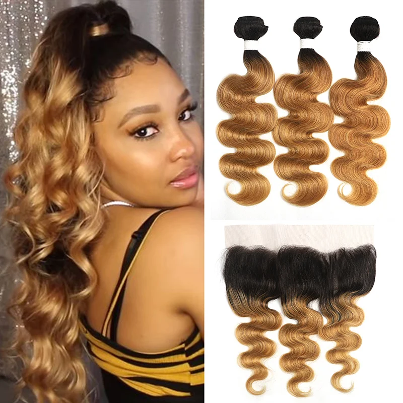 Human - hair colored wig for a natural and luxurious feel1B/27 Ombre Body Wave 3 Bundles With 13x4 Lace Frontal 100% Virgin Human Hair Human - hair colored wig for a natural and luxurious feel1B/27 Ombre Body Wave 3 Bundles With 13x4 Lace Frontal 100% Virgin Human Hair