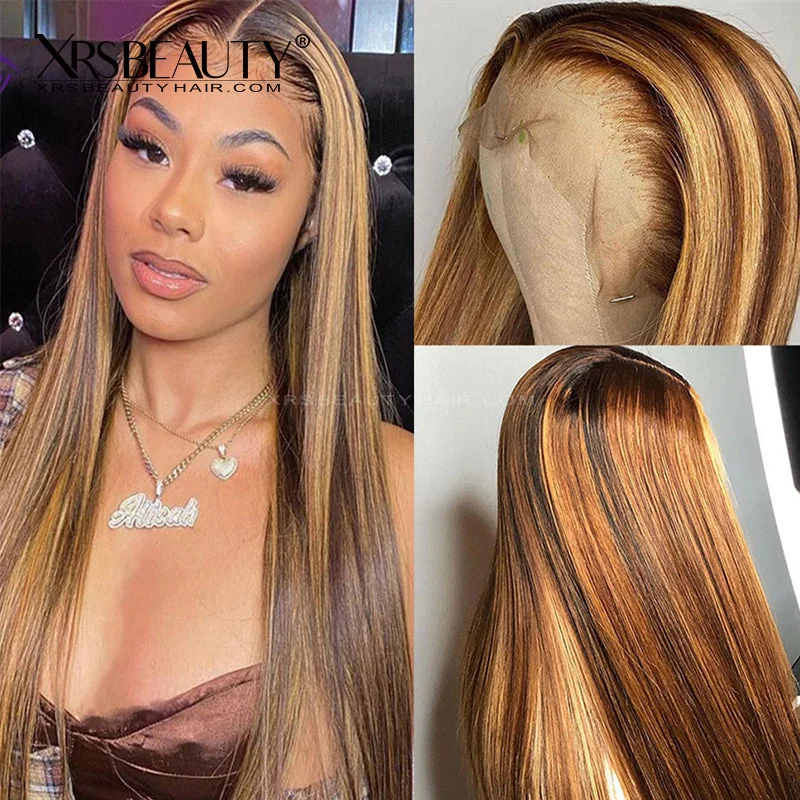 Colored wig with a middle - part for a classic and elegant style#2/27 Blonde Piano Highlight Hair Silky Straight Lace Front Wig  [CFW25]