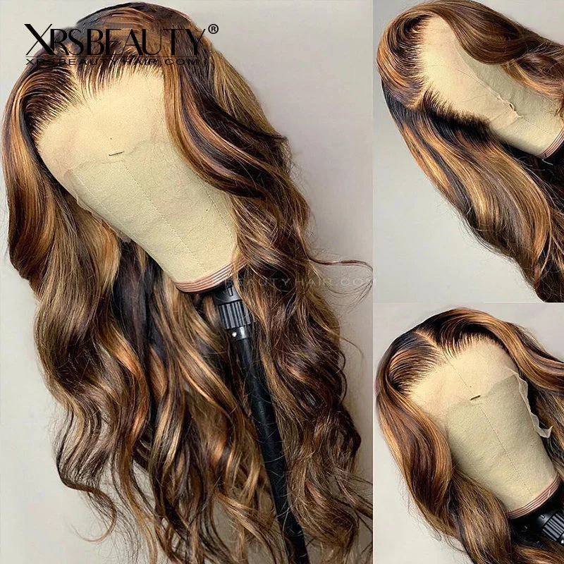 Colored wig with a side - swept bang for a sophisticated look#2/27 Highlight Ombre Brown Body Wave Lace Front Wigs Pre Plucked Hairline [CFW41]