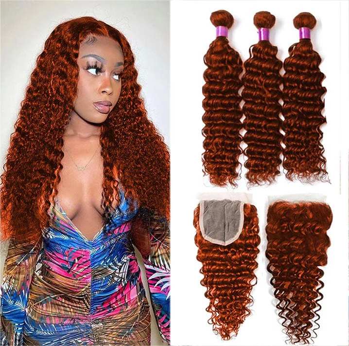 Colored wig with a silk - base cap for a comfortable and smooth feel#350 Ginger Deep Wave 3 Bundles With 4x4 Lace Closure 100% Remy Human Hair Colored wig with a silk - base cap for a comfortable and smooth feel#350 Ginger Deep Wave 3 Bundles With 4x4 Lace Closure 100% Remy Human Hair