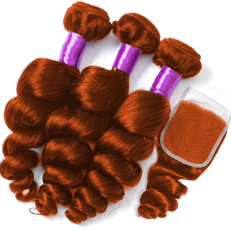 Colored wig with a wavy texture for a beachy and fun look#350 Ginger Orange Loose Wave 3 Bundles With 4x4 Lace Closure 100% Virgin Human Hair Colored wig with a wavy texture for a beachy and fun look#350 Ginger Orange Loose Wave 3 Bundles With 4x4 Lace Closure 100% Virgin Human Hair