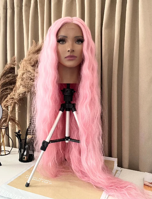 Lace wig with a curly texture for a bold and stylish choiceTatiana 42" Long Wavy Pink Synthetic Lace Wig Lace wig with a curly texture for a bold and stylish choiceTatiana 42" Long Wavy Pink Synthetic Lace Wig