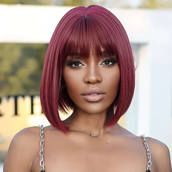 Short Bob Wigs for Fine Hair Bob wig with side - swept bangs for a sophisticated look99j Burgundy Red Colored Full Machine Made Wig Straight Human Hair Wig With Bangs Short Bob Wigs for Fine Hair Bob wig with side - swept bangs for a sophisticated look99j Burgundy Red Colored Full Machine Made Wig Straight Human Hair Wig With Bangs