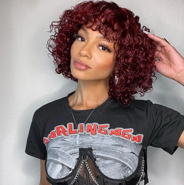 Long Bob Wigs (Lob) for Oval Faces Heat - resistant bob wig for styling versatility99j Red Colored Full Machine Made Wig Water Wave Human Hair Wig With Bangs Long Bob Wigs (Lob) for Oval Faces Heat - resistant bob wig for styling versatility99j Red Colored Full Machine Made Wig Water Wave Human Hair Wig With Bangs
