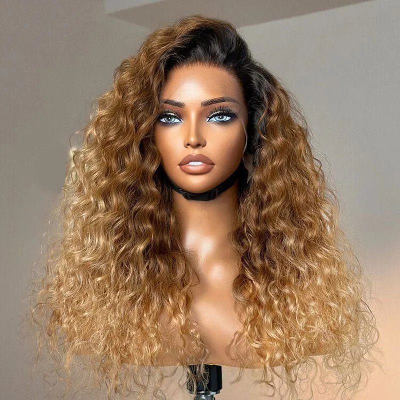 Colored wig with a side - part for a more flattering appearanceAlibonnie Ombre Honey Blonde 13x4 Transparent Lace Wig Pre Plucked Water Wave Human Hair Wigs 180% Density Colored wig with a side - part for a more flattering appearanceAlibonnie Ombre Honey Blonde 13x4 Transparent Lace Wig Pre Plucked Water Wave Human Hair Wigs 180% Density
