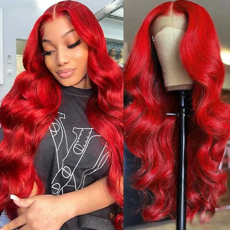 Colored wig with a side - part for a more flattering appearanceAlibonnie Red 13x4 Lace Front Wigs Human Hair Transparent Body Wave Colored Wigs Colored wig with a side - part for a more flattering appearanceAlibonnie Red 13x4 Lace Front Wigs Human Hair Transparent Body Wave Colored Wigs