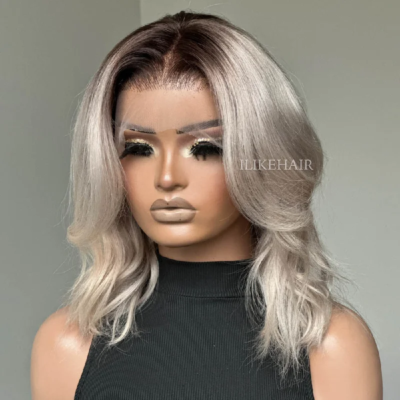 Colored wig with a middle - part for a classic and elegant styleAsh Blonde With Dark Root Short Wavy Lace Wig Colored wig with a middle - part for a classic and elegant styleAsh Blonde With Dark Root Short Wavy Lace Wig