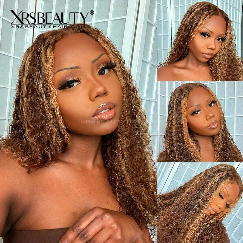Colored wig with a middle - part for a classic and elegant styleBlonde Curly Wig #4/27 Highlight Mix Color Human Hair Swiss Lace Front Wig [CFW22]