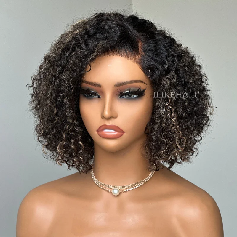 Colored wig with a natural - looking root for a more realistic lookBlonde Highlight Kinky Curly Glueless Bob 5x5 Lace Closure Wig Colored wig with a natural - looking root for a more realistic lookBlonde Highlight Kinky Curly Glueless Bob 5x5 Lace Closure Wig
