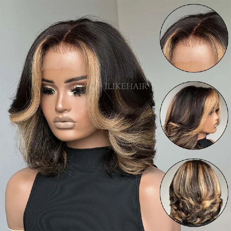 Colored wig in a vibrant pink color for a bold and eye - catching lookBlonde Highlights Layered Wavy Bob Lace Wig Colored wig in a vibrant pink color for a bold and eye - catching lookBlonde Highlights Layered Wavy Bob Lace Wig