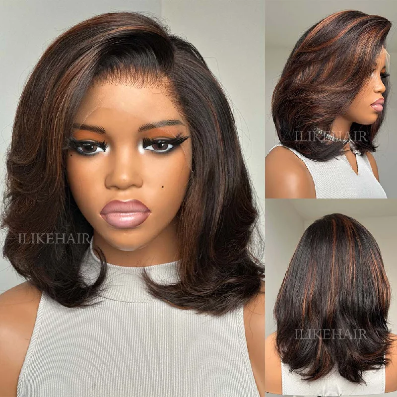 Colored wig with a curly texture for a bold and stylish choiceBlowout Brown Highlights Layered Cut 13x4 Lace Front Wig Colored wig with a curly texture for a bold and stylish choiceBlowout Brown Highlights Layered Cut 13x4 Lace Front Wig