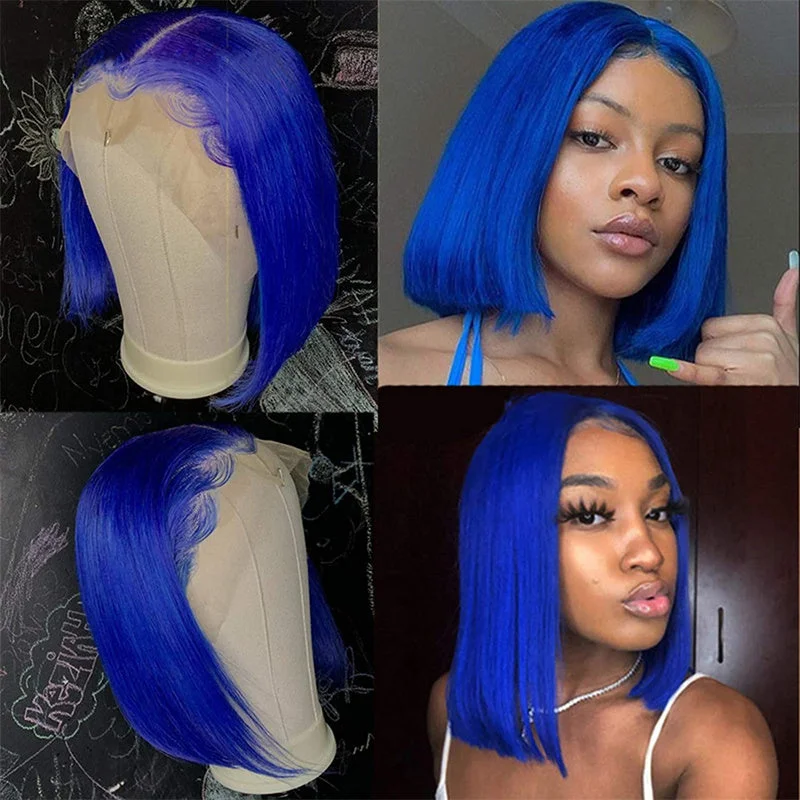 Colored wig with a natural - looking root for a more realistic lookBlue Colored Bob Wig HD Transparent Lace Front Wig 100% Virgin Human Hair Colored wig with a natural - looking root for a more realistic lookBlue Colored Bob Wig HD Transparent Lace Front Wig 100% Virgin Human Hair