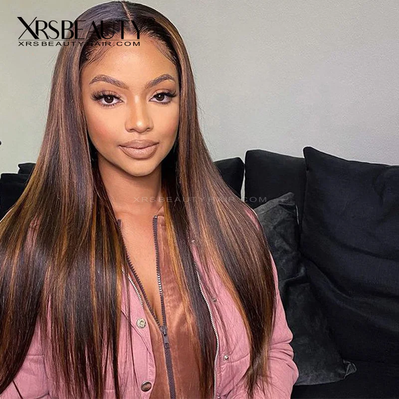 Colored wig with a purple - violet shade for a regal and elegant lookBrown Highlight Human Hair Lace Front Wig Silky Straight Style [CFW44]