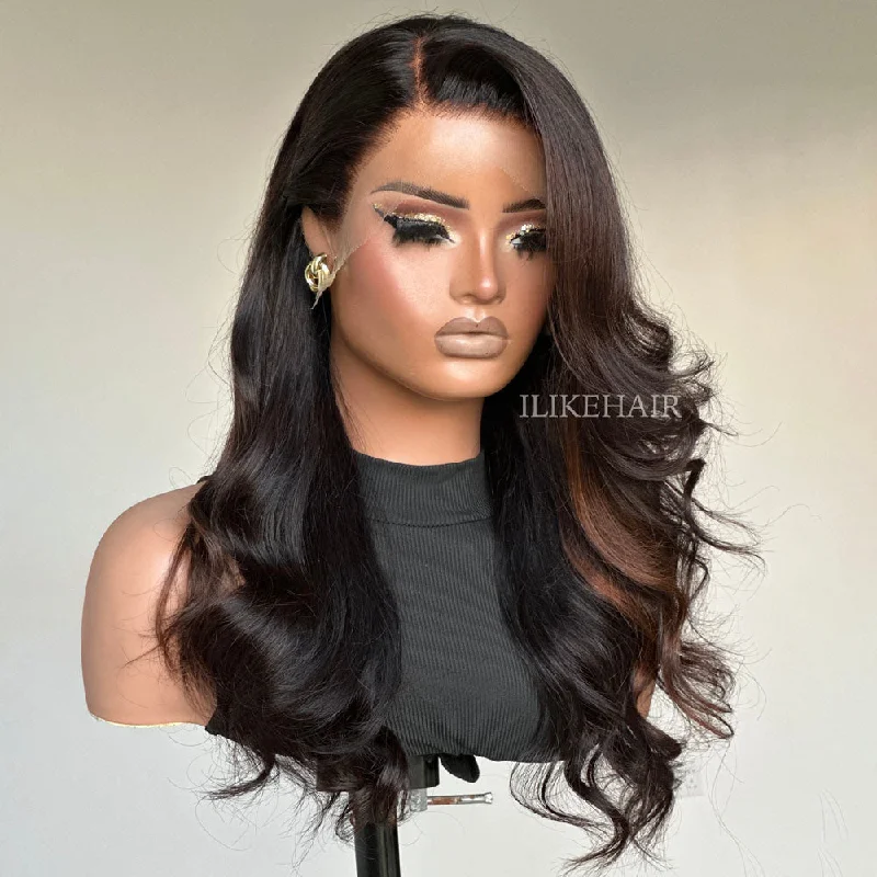 Colored wig with a silk - base cap for a comfortable and smooth feelBrown Highlights Side Part Layered Cut Wavy Lace Wig Colored wig with a silk - base cap for a comfortable and smooth feelBrown Highlights Side Part Layered Cut Wavy Lace Wig