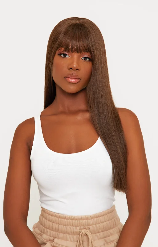 Lace wig with a platinum - blonde color for a bold and trendy lookYasmine 22" Brown Synthetic Bangs Wig Lace wig with a platinum - blonde color for a bold and trendy lookYasmine 22" Brown Synthetic Bangs Wig