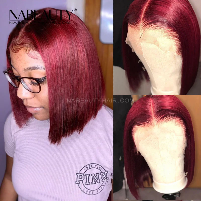 Lace wig with a middle - part for a classic and elegant styleBurgundy 99j Bob Wigs Brazilian Straight Lace Front Human Hair Bob Wigs Lace wig with a middle - part for a classic and elegant styleBurgundy 99j Bob Wigs Brazilian Straight Lace Front Human Hair Bob Wigs