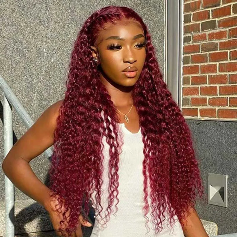 Colored wig in a vibrant pink color for a bold and eye - catching lookBurgundy Deep Wave 13x4 Lace Frontal Wigs Human Hair 99J Colored Colored wig in a vibrant pink color for a bold and eye - catching lookBurgundy Deep Wave 13x4 Lace Frontal Wigs Human Hair 99J Colored